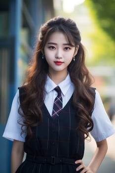 AI generated a young chinese high school student girl with wavy hair in a school uniform posing for a photo