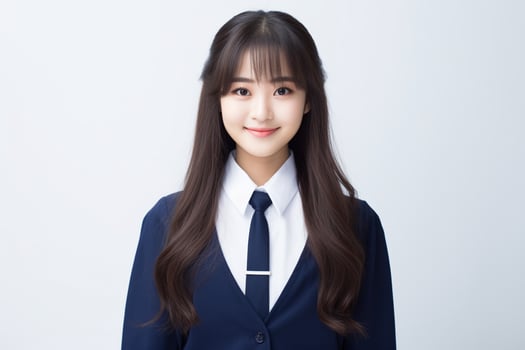 AI generated portrait of beautiful young japanese high school student girl in a school uniform isolated on a white background photo
