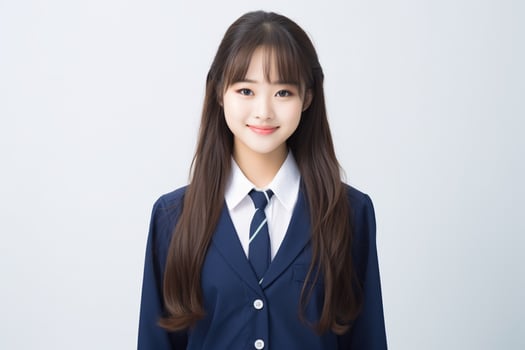 AI generated portrait of beautiful young japanese high school student girl in a school uniform isolated on a white background photo