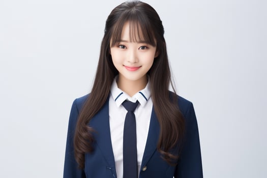 AI generated portrait of beautiful young japanese high school student girl in a school uniform isolated on a white background photo