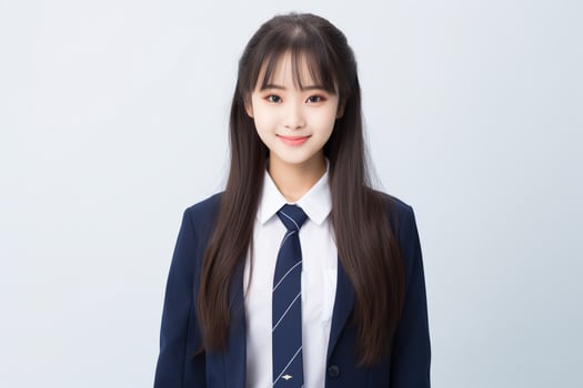 AI generated portrait of beautiful young japanese high school student girl in a school uniform isolated on a white background photo