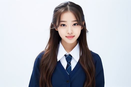 AI generated portrait of beautiful young japanese high school student girl in a school uniform isolated on a white background photo