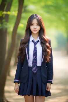 AI generated a beautiful young korean high school student girl in a school uniform outdoors photo