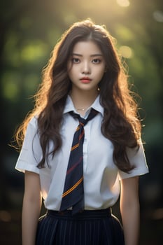 AI generated portrait of a beautiful young korean high school student girl with wavy hair in a school uniform outdoors photo