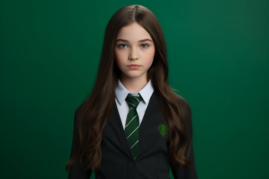 AI generated a beautiful young russian high school student girl in a school uniform isolated on a green background photo