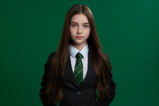 AI generated a beautiful young russian high school student girl in a school uniform isolated on a green background photo