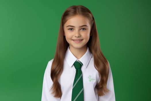 AI generated a beautiful young russian high school student girl in a school uniform isolated on a green background photo