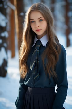 AI generated a beautiful Russian high school student girl in school uniform outdoors in winter photo
