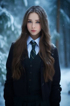 AI generated a beautiful Russian high school student girl in school uniform outdoors in winter photo