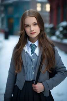 AI generated a beautiful Russian high school student girl in school uniform outdoors in winter photo