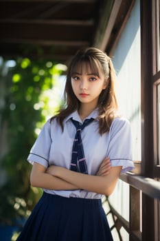 AI generated a beautiful asian young woman in school uniform outdoors photo