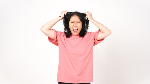 Angry Stressed and Pull Hair Of Beautiful Asian Woman Isolated On White Background photo