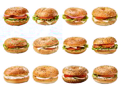 AI generated fresh bagel sandwich collection isolated on white background. photo