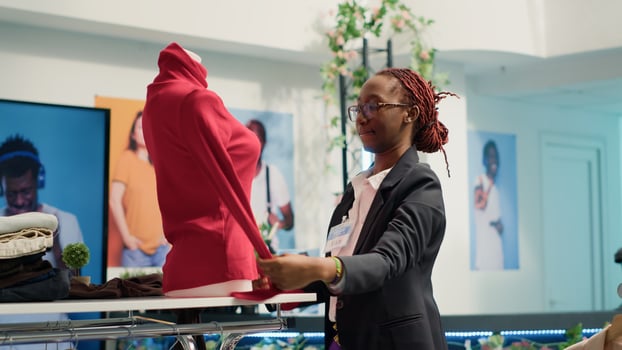 Meticulous retail assistant working in luxury fashion boutique, putting on women blouse on mannequin. Experienced african american employee showcasing new collection of trendy garments photo