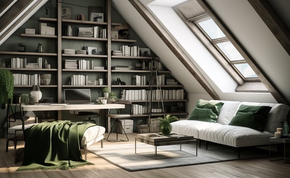 AI generated stylish living room with a white couch, wooden coffee table, abstract art, plants, and string lights. The white couch invites you to curl up and relax, while the wooden coffee table photo
