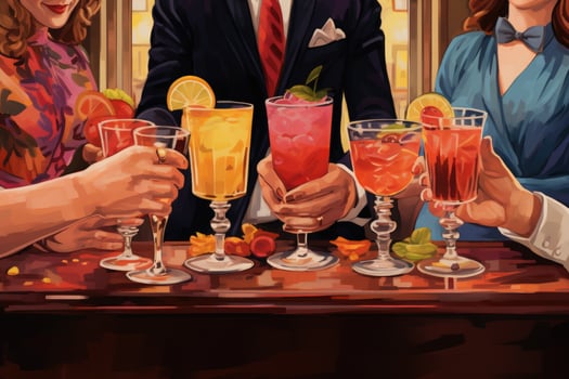 AI generated illustration of a group of people having a drink at the bar, Friends toasting with cocktails in the bar, no face, AI Generated photo