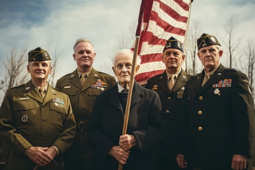 AI generated Unidentified veterans of the Great Patriotic War. Victory Day in Great Patriotic War, Group of veterans of different generations gathered around a flagpole, AI Generated photo