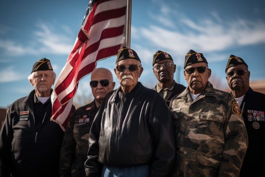 AI generated Group of senior people with the american flag in the forest, Group of veterans of different generations gathered around a flagpole, AI Generated photo