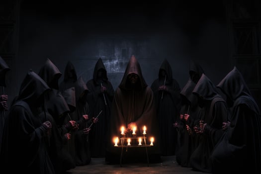 AI generated Group of unknown people in the dark with lit candles. Halloween concept, A secret society meeting plotting a conspiracy, AI Generated photo