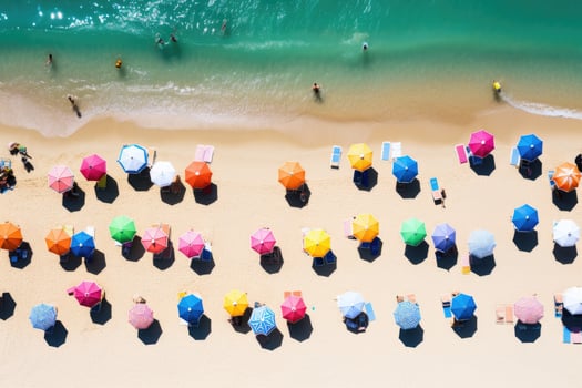 AI generated Aerial view of beach with colorful umbrellas and tourists, A tropical beach with colorful umbrellas - Top-down aerial view, AI Generated photo
