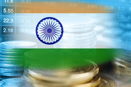 Stock market investment trading financial, coin and India flag or Forex for analyze profit finance business trend data background. photo