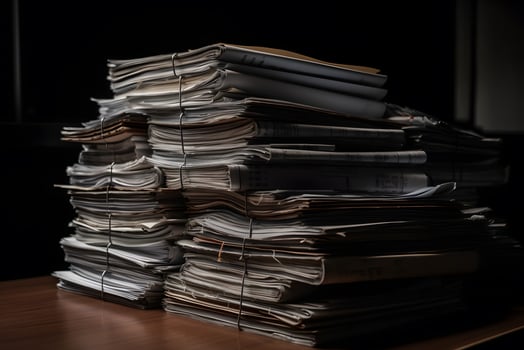 AI generated A large stack of old archival documents. Neural network AI generated photo