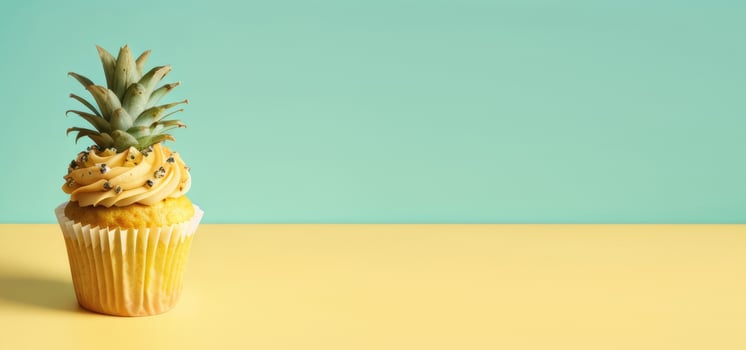 AI generated horizontal banner, pineapple cupcake, tropical fruits, unusual presentation, bright background, fruit pastries, place for text photo