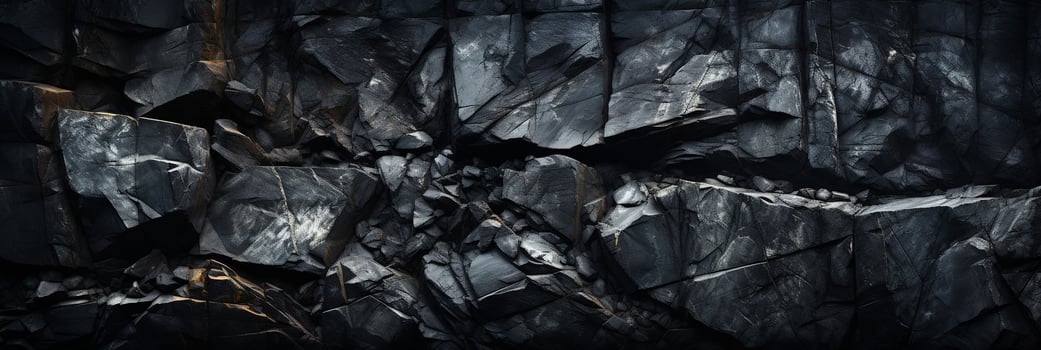 AI generated Black stone texture with cracks. Panoramic abstract natural volumetric dark gray rock background with copy space. Grunge surface photo
