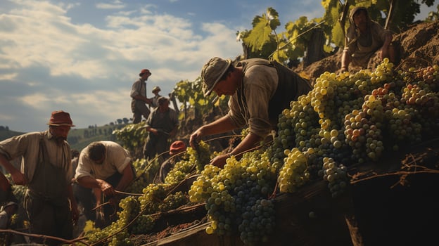 AI generated Workers Harvesting Grapes, Ready to Craft the Essence of Delicious Wine photo