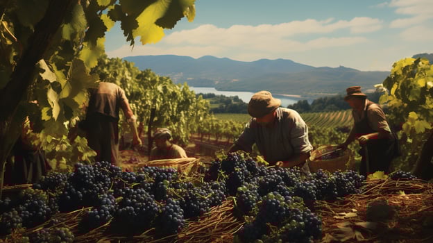 AI generated Workers Harvesting Grapes, Ready to Craft the Essence of Delicious Wine photo