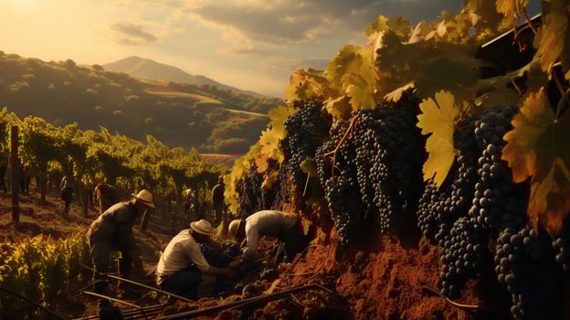 AI generated Workers Harvesting Grapes, Ready to Craft the Essence of Delicious Wine photo