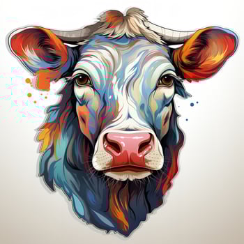 AI generated Striking digital art of a cow's head, its fur rendered in a vibrant palette of colors, including red, blue, green, and yellow. The cow's horns and eyes glow with neon lights, photo