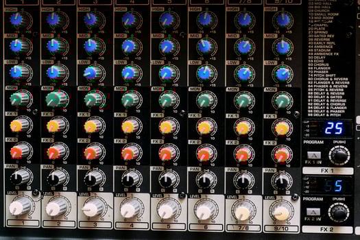 Mixing console for controlling the volume, frequencies of musical instruments photo