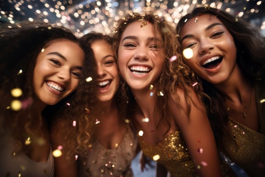 AI generated Four teenage friends celebrating New Years Eve. Young women wearing glittery outfits dancing at Christmas party. photo