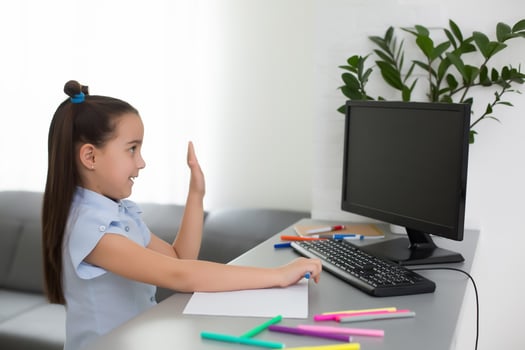 Little Girl Using Computer Concept, distance online learning photo