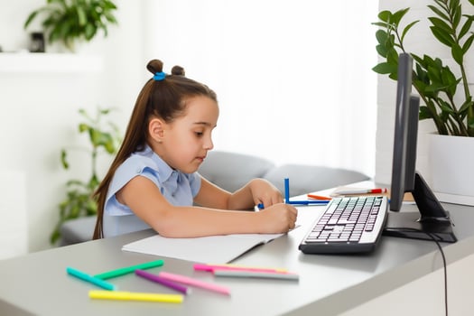 Little Girl Using Computer Concept, distance online learning photo