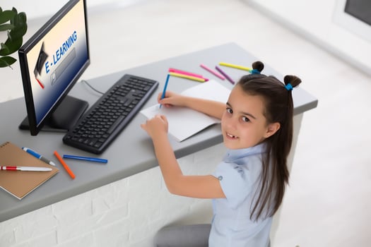 Little Girl Using Computer Concept, distance online learning photo