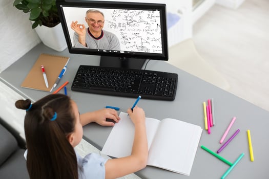 Little Girl Using Computer Concept, distance online learning photo
