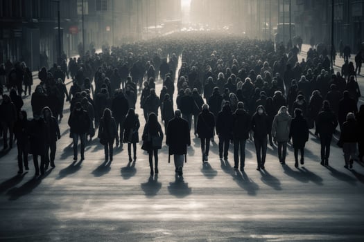 AI generated People walk the runway at the Philipp Plein fashion show during Mercedes-Benz Fashion Week Fall 2015 in NYC, An anonymous crowd of people walking on a city street, AI Generated photo
