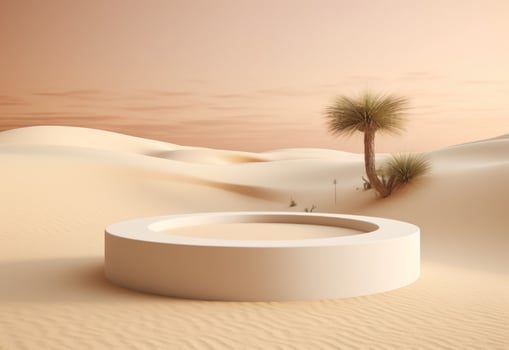 AI Generated Podium on sand background. Display with sunshade and shadow on the background for cosmetic perfume fashion natural product. Generative AI. photo