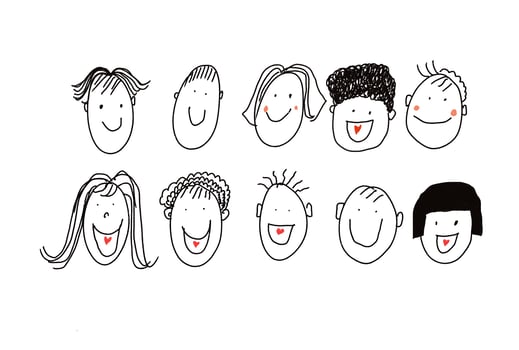 Hand drawn pictures cute human cartoons, diversity characters of happy faces expressions. Man, woman, girl, boy,  White background. Concept, Positive feelings and emotions. Happy moment together. photo