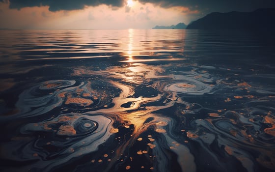AI generated Oil stains in the sea Oil spills onto beaches and waterways. photo