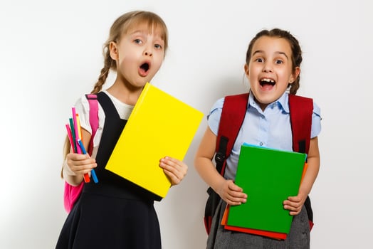 Portrait of two people nice cute lovely charming dreamy attractive cheerful pre-teen girls siblings showing aside ad promotion copy space isolated background photo