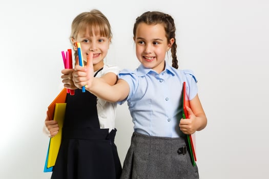 Portrait of two people nice cute lovely charming dreamy attractive cheerful pre-teen girls siblings showing aside ad promotion copy space isolated background photo