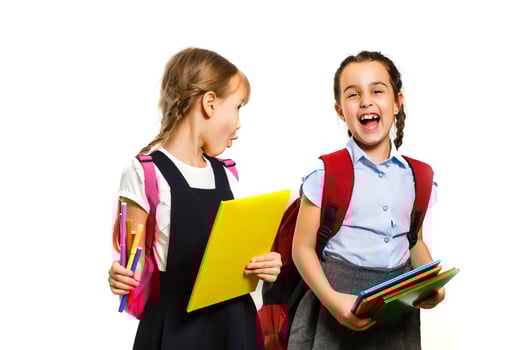 Two little schoolgirls. Education, fashion, friendship concept. photo