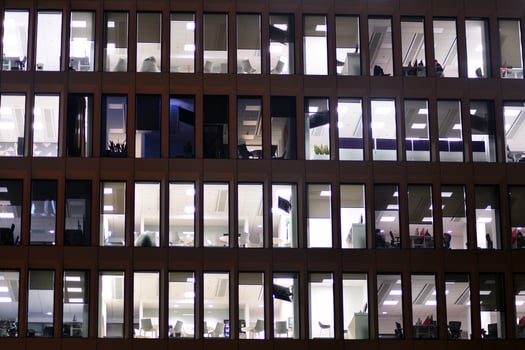 Modern office building at night. Night lights, city office building downtown, cityscape view photo
