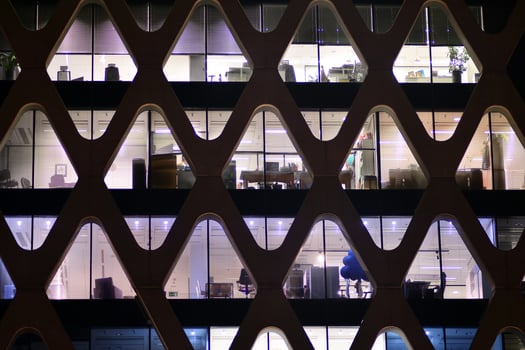 Modern office building at night. Night lights, city office building downtown, cityscape view photo