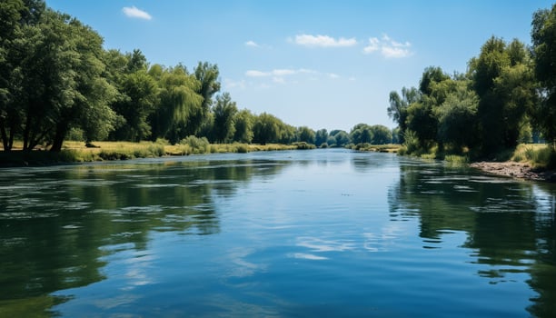 AI generated Majestic mountain range reflects in tranquil water, showcasing natural beauty generated by AI photo