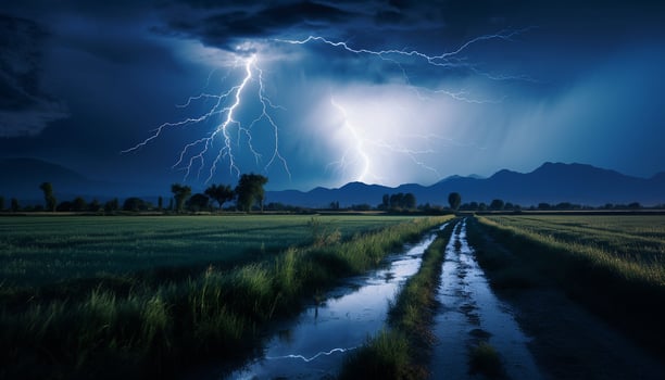 AI generated Dramatic sky, dark night, thunderstorm, majestic mountains, wet grass generated by AI photo