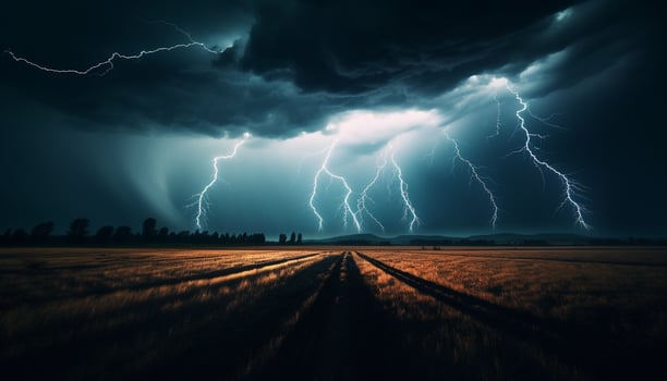 AI generated Dramatic sky, dark night, thunderstorm, majestic mountains, wet grass generated by AI photo